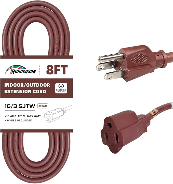 8FT Brown Outdoor Extension Cord-16/3 SJTW Durable Extension Cord by HONDERSON