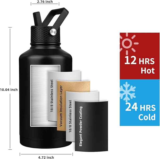 Insulated Water Bottle 64oz, Triple Wall Vacuum Stainless Steel, Leak Proof & - Image 2