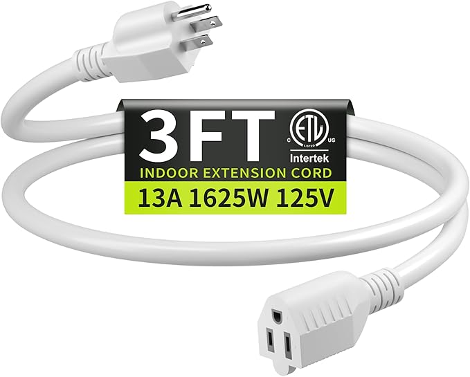 16/3 White Extension Cord 3 FT, Indoor Extension Cord by Seeklyze