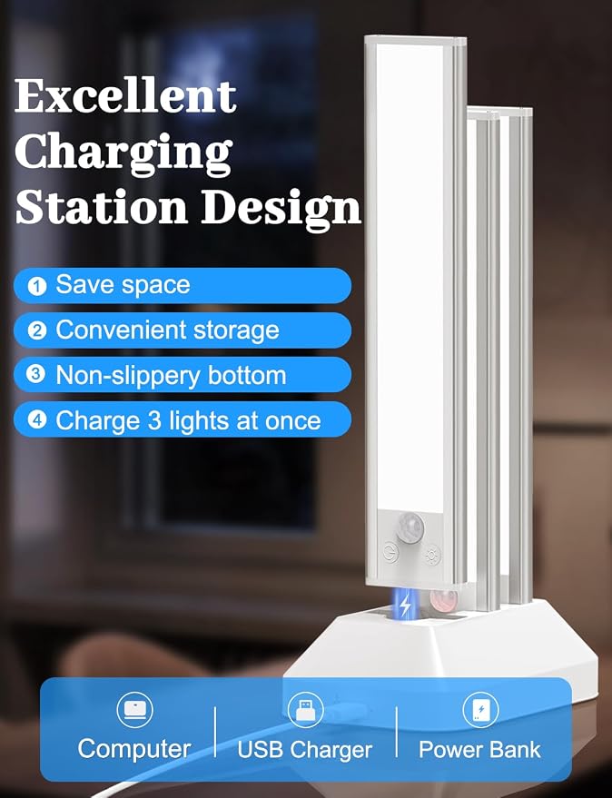 Under Cabinet Lighting with Charging Station, 2000mAh Rechargeable Motion - Image 3