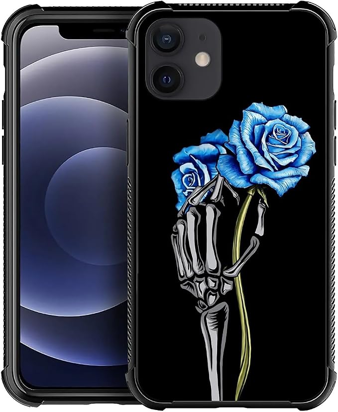 for iPhone 11 Case, Skeleton Holding Blue Rose Pattern Graphic Design Girl Boy by FKBRCL4U