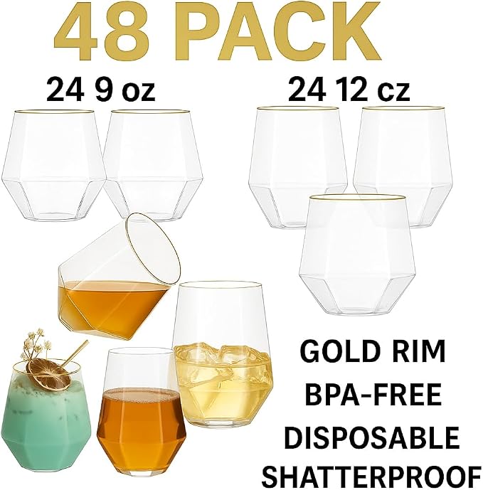 48 Pack Diamond Gold Rim Unbreakable Stemless Plastic Glasses 24 9oz Stemless - Image 3