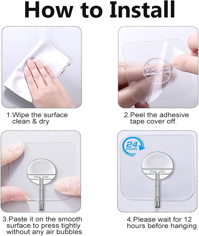 JINSHUNFA Adhesive Wall Hooks 13LB Heavy Duty No Drill Transparent Waterproof - Image 6