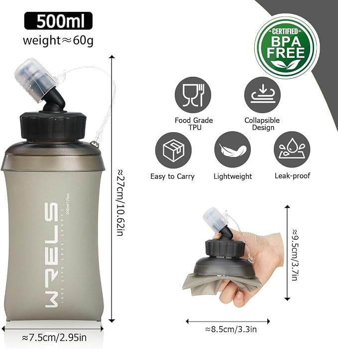 WRELS 350ml/500ml TPU Soft Water Bottles BPA Free Collapsible Soft Flask - Image 2