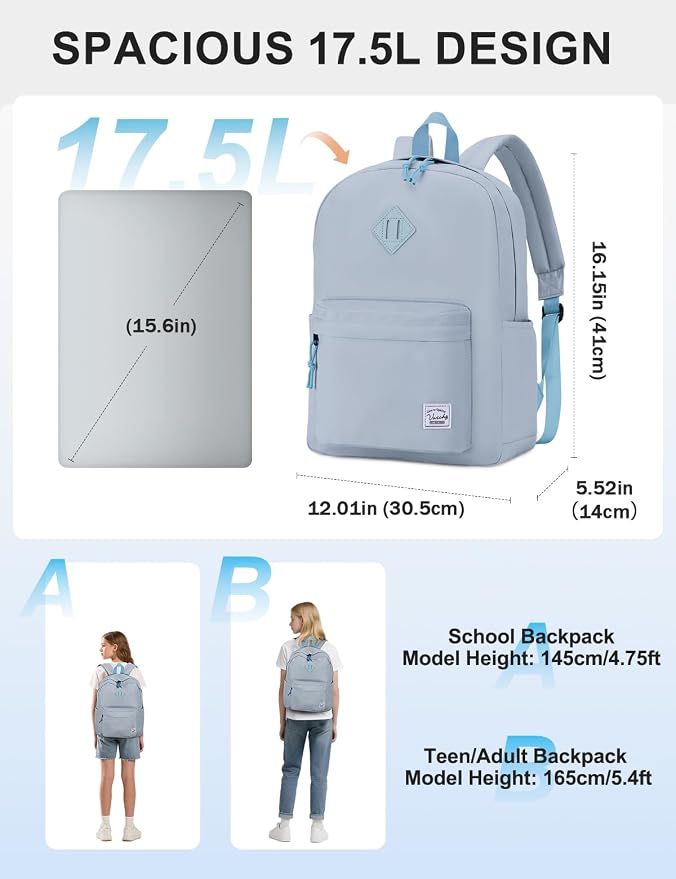 VASCHY Lightweight Backpack for School, Water Resistant Classic Bookbag - Image 2