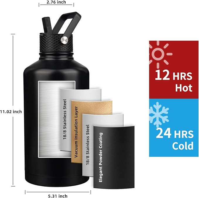 Insulated Water Bottle 87oz, Triple Wall Vacuum Stainless Steel, Leak Proof & - Image 2