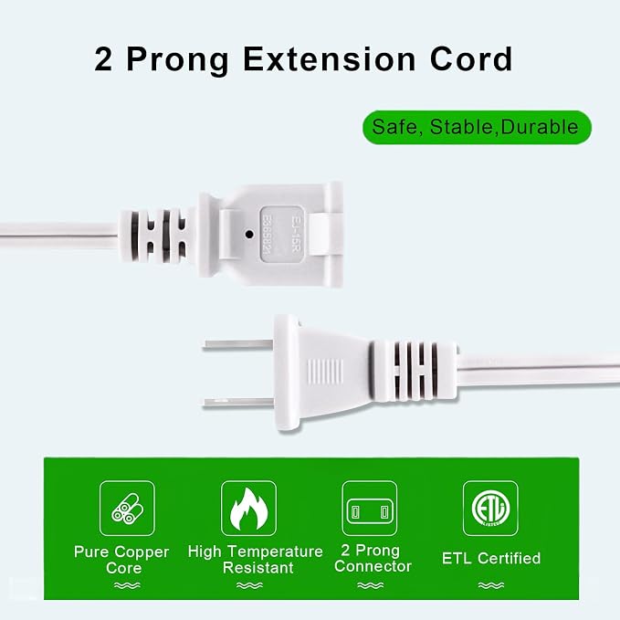 2 Prong Extension Cord, Safe for Home, Dorm Use White Extension Cord - Image 3