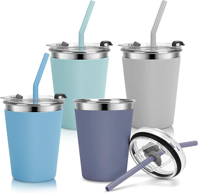Kids Cups with Straws and Lids Leak Proof, 12oz Stainless Steel Cups by Vermida