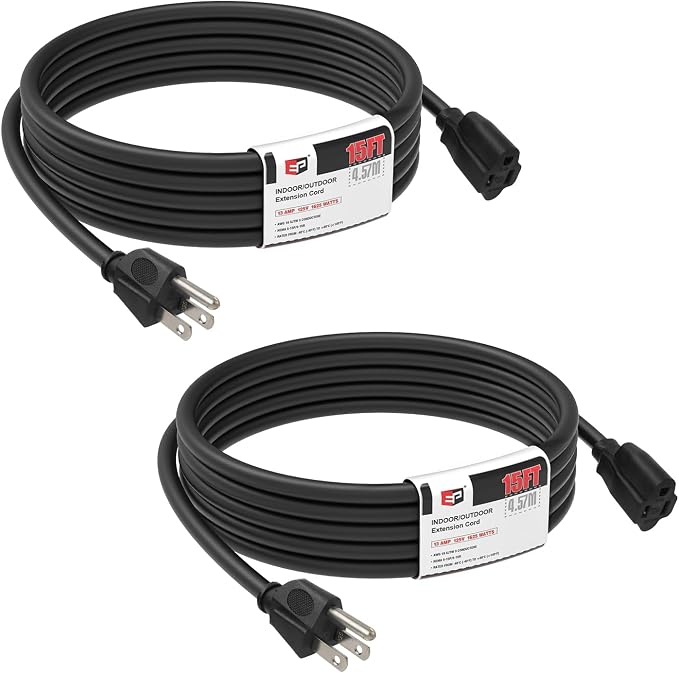 EP 2 Pack 15FT Black Outdoor Extension Cord, 16/3 SJTW Heavy Duty Waterproof by ENERGYPRO