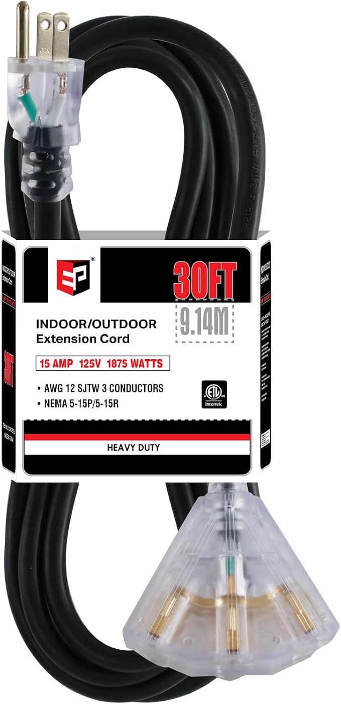 EP 30 Ft 12 Gauge Heavy Duty Extension Cord, 15A 125V 1875W, 3 Outlet by ENERGYPRO