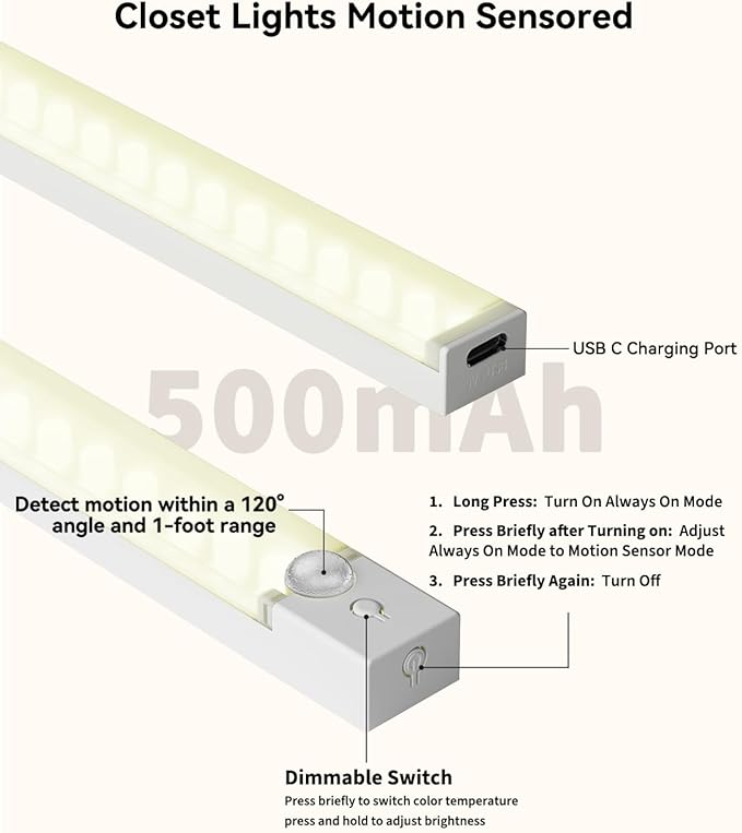 Rechargeable Under Cabinet Lighting 12 Inch 6-Pack, Motion Sensor Light Indoor - Image 8