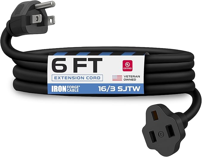 Iron Forge Cable 6 Ft Black Extension Cord, 6 Foot Extension Cord, 3 Prong by IronForgeCable