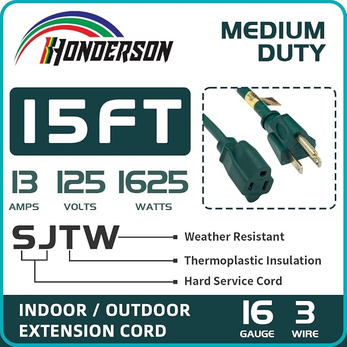 15FT Outdoor Extension Cord-16/3 SJTW Durable Green Extension Cable - Image 3