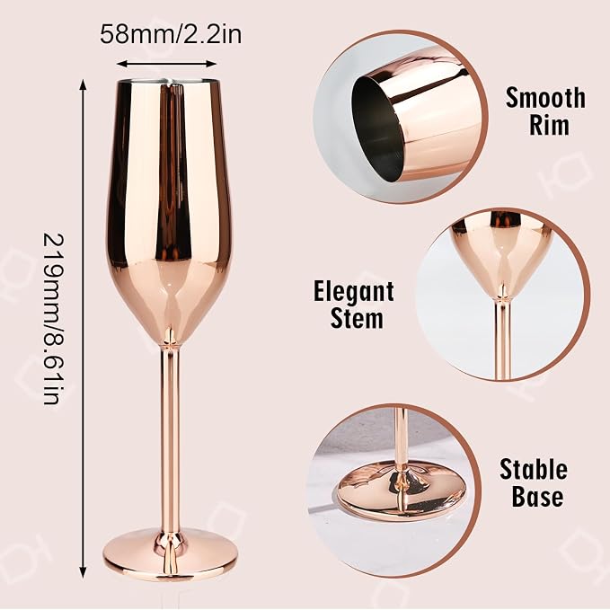 TJ Unbreakable 8 Oz Stainless Steel Champagne Flutes- Rose Champagne Glasses - Image 3