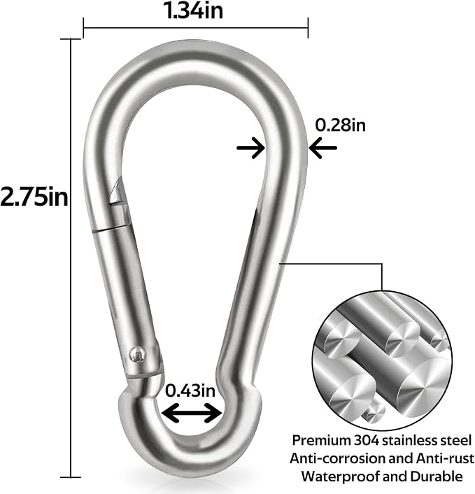 Locking Carabiner Clips, Stainless Steel Spring Snap Hook Locking Carabiner - Image 2