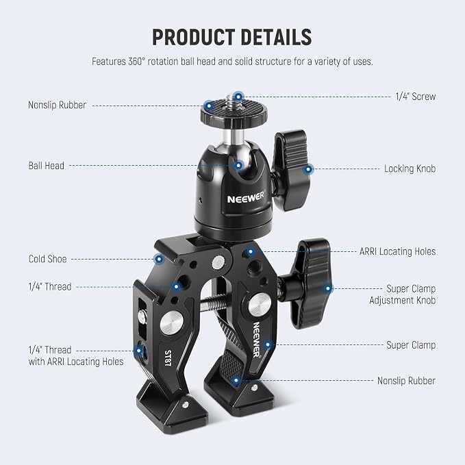 Neewer Super Clamp with Ballhead, Cold Shoe, Phone Holder and Action Camera - Image 2