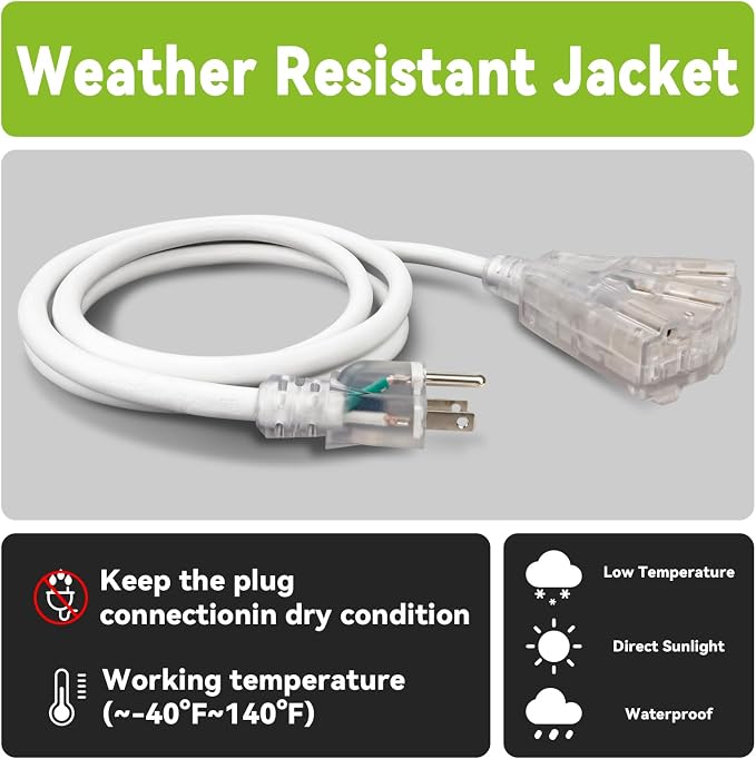 EP 3FT 12 Gauge Heavy Duty Extension Cord, 15A 125V 1875W, 3 Outlet - Image 5