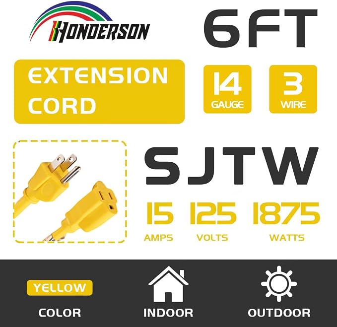 Indoor Outdoor Extension Cord Weatherproof, UL Certified, 14 Gauge 6FT Yellow 3 - Image 2