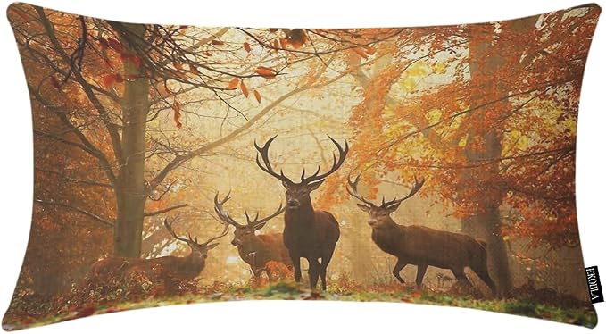 EKOBLA Deers Decorative Pillow Cushion Covers Herd of Deer Stand Among The Fall by EKOBLA