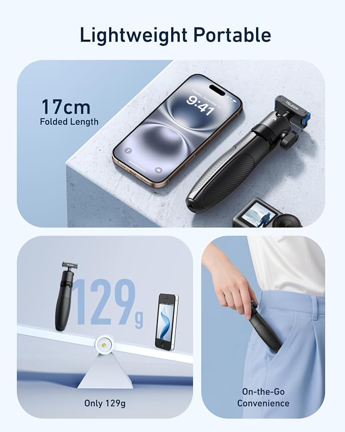 TELESIN 40cm/15.7'' Mini Selfie Stick Tripod, Magnetic Quick Release Selfie - Image 7