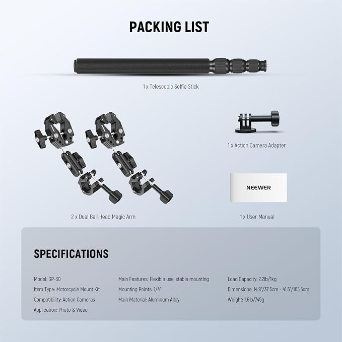 NEEWER Motorcycle Camera Mount Kit, Bicycle Handlebar Invisible Selfie Stick - Image 8