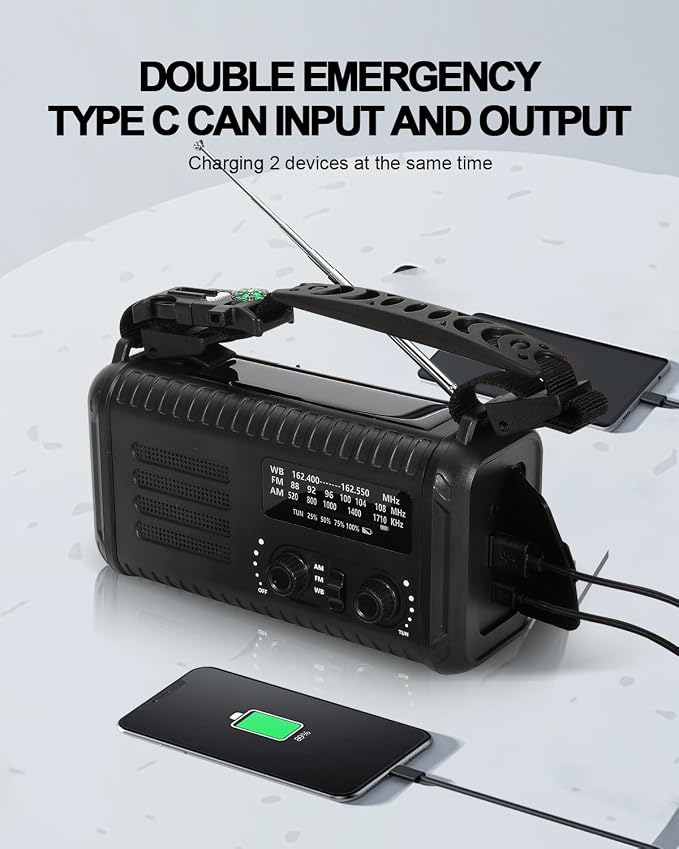 Emergency Crank Radio, 20000mAh / 74000mWh Solar Hand Crank Weather Radio - Image 3