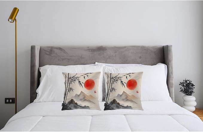 Swono Outdoor Pillow Covers Bamboo, Japanese Bamboo Trees Mountains Red Sun - Image 3