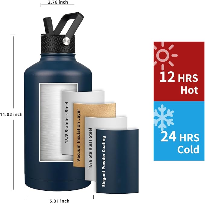 Insulated Water Bottle 87oz, Triple Wall Vacuum Stainless Steel, Leak Proof & - Image 2