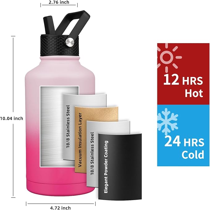 Insulated Water Bottle 64oz, Triple Wall Vacuum Stainless Steel, Leak Proof & - Image 2