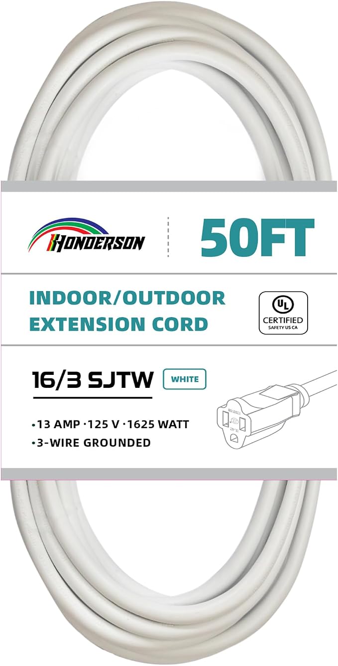 Indoor Outdoor Extension Cord Weatherproof, UL Certified, 16 Gauge 50FT White 3 by HONDERSON