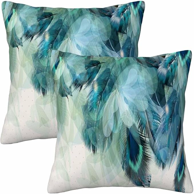 Peacock Feather 18 X 18 Pillow Covers Watercolor Gradient Blue Soft Halo Green by Unknown