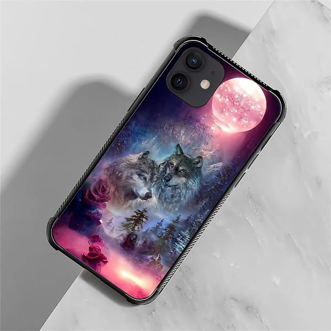for iPhone 12 Mini Case, Star Two Wolfs Howling Pattern Graphic Design Girl Boy - Image 2