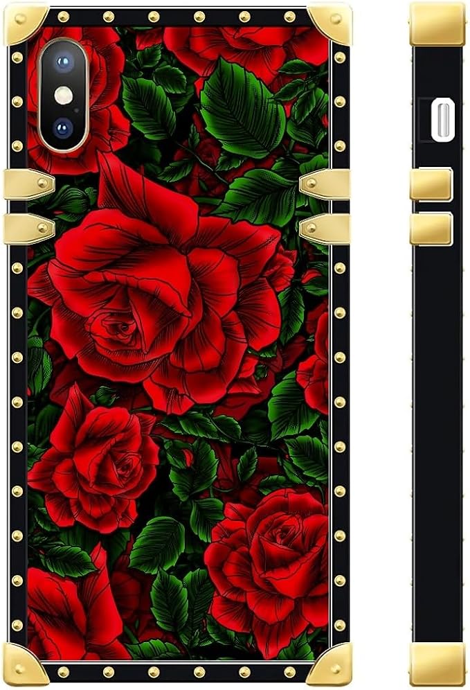 Compatible with iPhone XR Case, Vector Red Rose Green Leaf Luxury Golden - Image 3