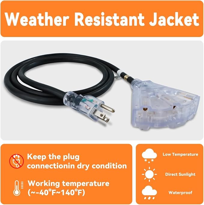 EP 8 Ft 12 Gauge Heavy Duty Extension Cord, 15A 125V 1875W, 3 Outlet - Image 5