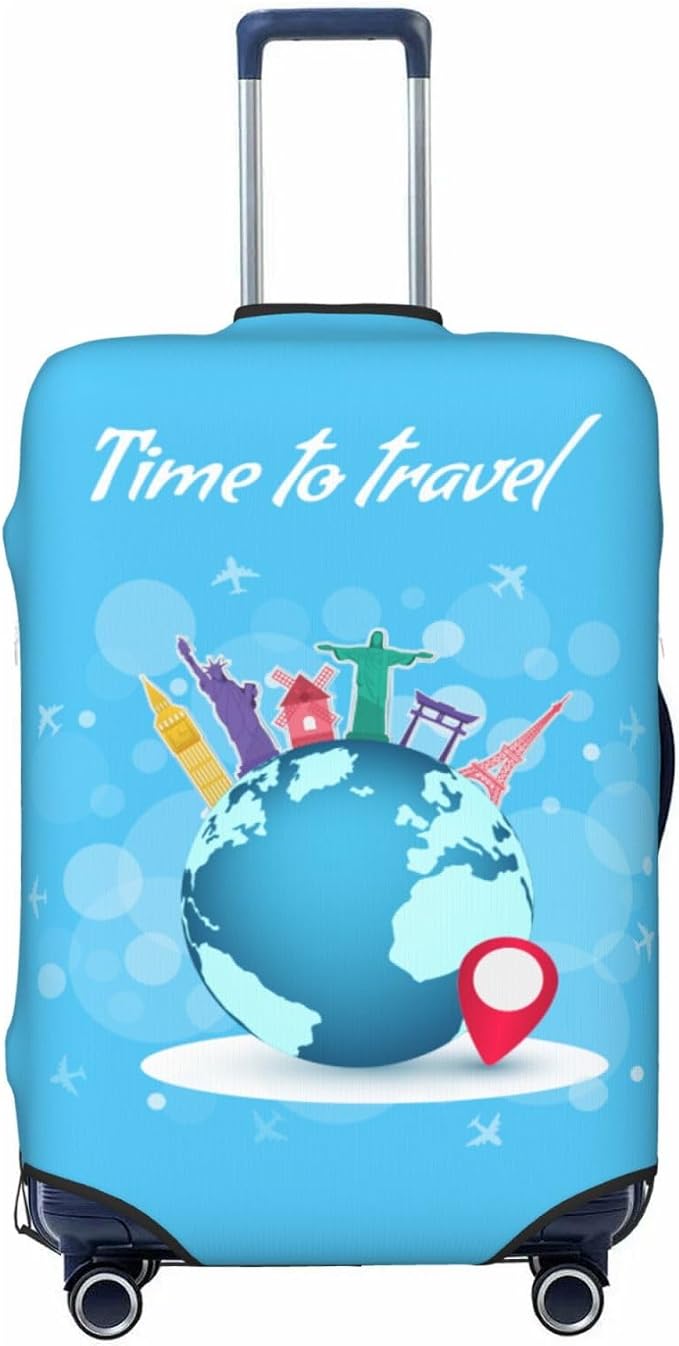 Travel Luggage Cover with Time to Travel Print, World Landmarks Design by XBFCDN