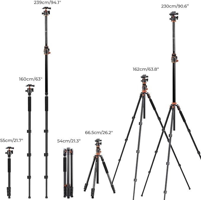 K&F CONCEPT 90''/230cm Ultra High Camera Tripod, Horizontal Overhead Shooting - Image 6