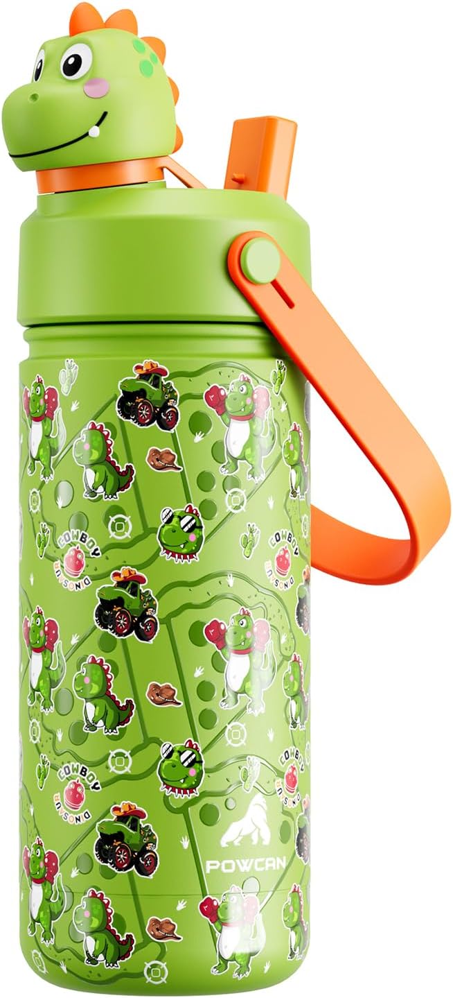 POWCAN 18 oz Kids Stainless Steel Water Bottle: 2-in-1 Straw Spout Lid by POWCAN