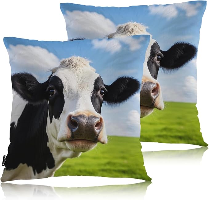 Swono Cow Bed Pillow Covers, Funny Farm Cattle Cow On Grass Meadow Decorative by Swono