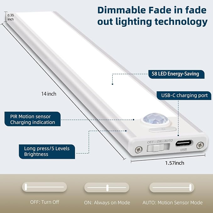 14inch Under Cabinet Lighting, 4 Pack Rechargeable Motion Sensor Light Indoor - Image 6