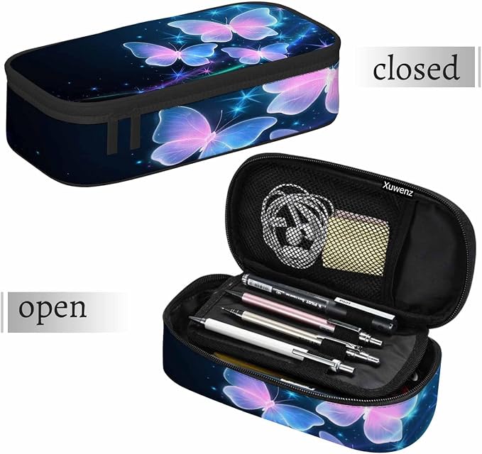 Glowing Butterflies Pencil Bag Sparkle Stars Bright Dark Blue Big Capacity - Image 7