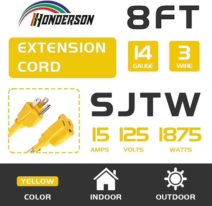 Indoor Outdoor Extension Cord Weatherproof, UL Certified, 14 Gauge 8FT Yellow 3 - Image 2