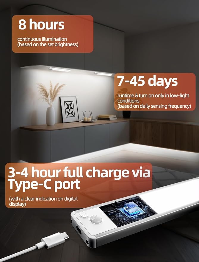Under Cabinet Lighting: 10 Inch 3-Color Dimmable Rechargeable Motion Sensor - Image 4