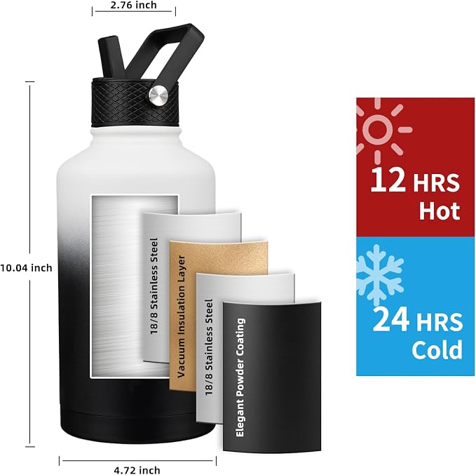 Insulated Water Bottle 64oz, Triple Wall Vacuum Stainless Steel, Leak Proof & - Image 2