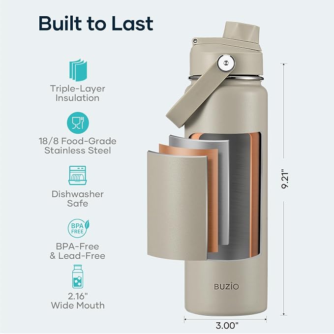 BUZIO 24 oz Water Bottle Insulated, Leakproof Stainless Steel Flask, Wide Mouth - Image 4
