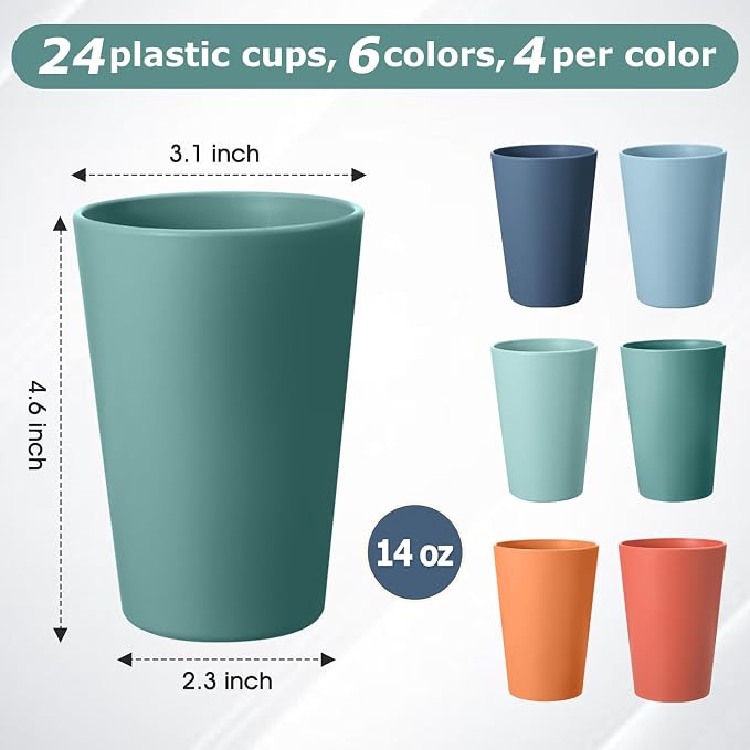 24 Pcs Unbreakable Plastic Cups Set, 14 oz Reusable Plastic Cups, Stackable - Image 2
