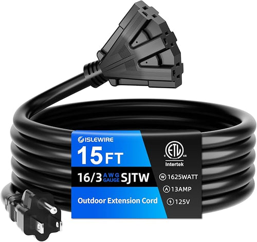 15 FT 3 Outlet Outdoor Extension Cord Waterproof, 16/3 SJTW Black Extension Cord by ISLEWIRE