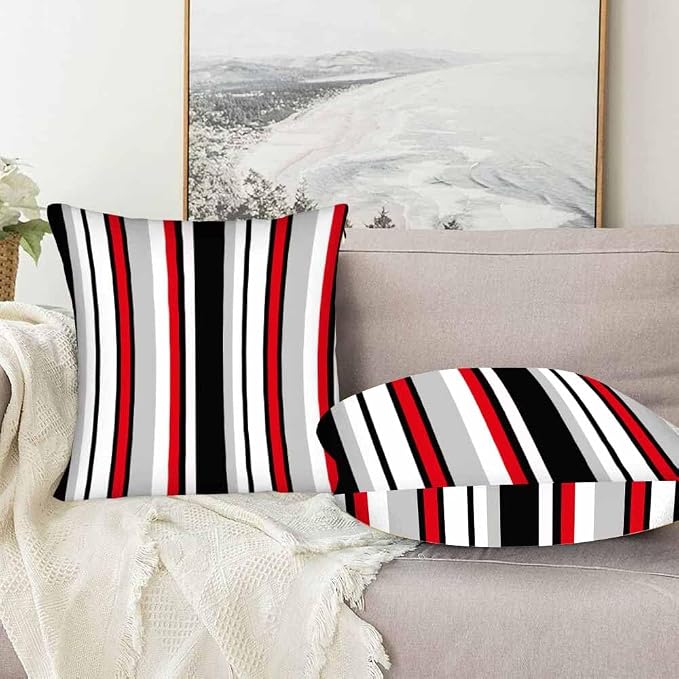 Vertical Lines Striped Pillow Covers 18 X 18 Black White Grey Red Watercolor - Image 5