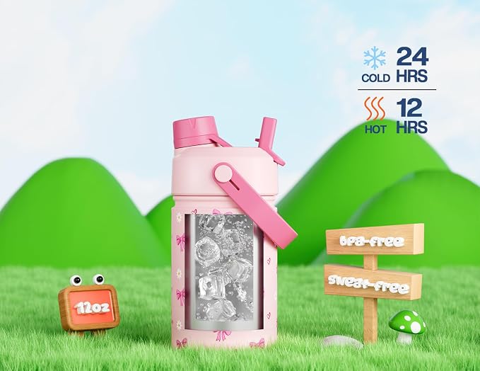 12 oz Insulated Water Bottle for Girls: 2-in-1 Straw Spout Lid, Easy Carry - Image 4