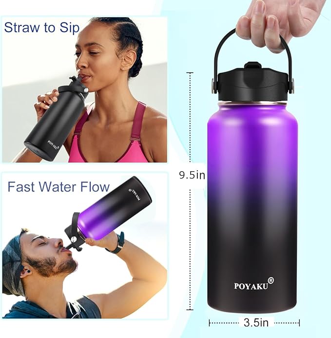 Water Bottle Insulated 32oz 40oz 64oz 128oz Straw Lid Spout Lid & 3 Lids - Image 3