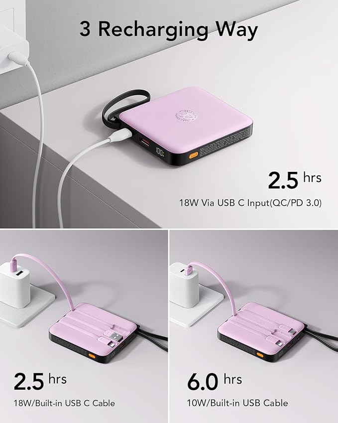 VRURC Portable Charger with Built-in Cable, 10000mAh 22.5W Fast Charging USB C - Image 8